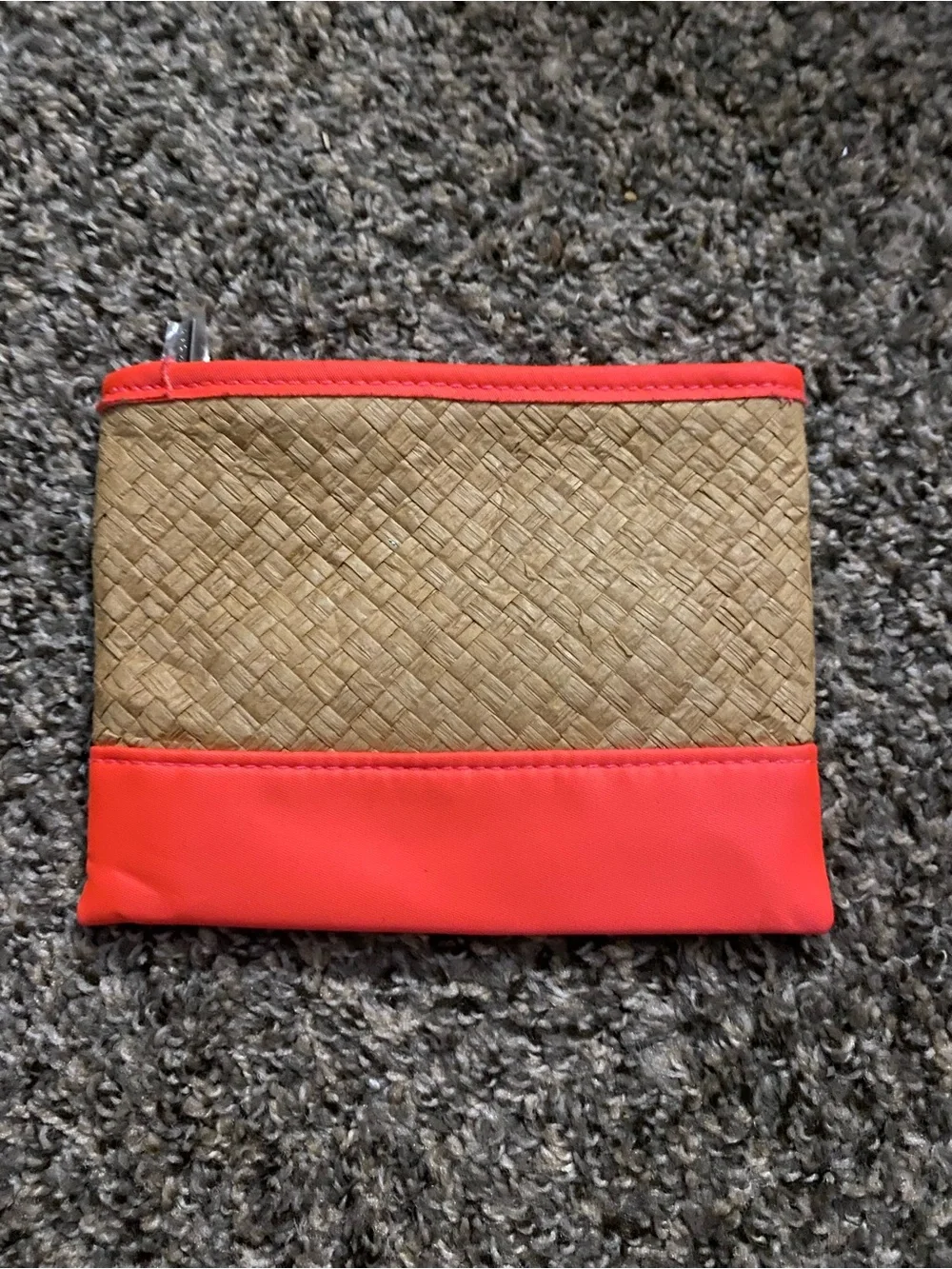 Sephora summer woven straw and coral makeup bag